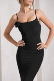 Alora Black Strappy Lace-Up Maxi Dress With Flower Corsage
