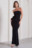 My Muse Black Ruched Bandeau Split Maxi Dress With Flowers