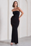 My Muse Black Ruched Bandeau Split Maxi Dress With Flowers