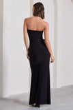 My Muse Black Ruched Bandeau Split Maxi Dress With Flowers