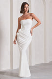 My Muse White Ruched Bandeau Split Maxi Dress With Flowers