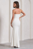 My Muse White Ruched Bandeau Split Maxi Dress With Flowers