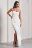 My Muse White Ruched Bandeau Split Maxi Dress With Flowers
