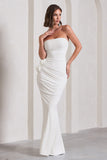 My Muse White Ruched Bandeau Split Maxi Dress With Flowers
