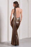 Strike Gold Bronze Metallic One Shoulder Low-Back Maxi Dress With Scarf