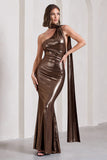 Strike Gold Bronze Metallic One Shoulder Low-Back Maxi Dress With Scarf