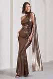 Strike Gold Bronze Metallic One Shoulder Low-Back Maxi Dress With Scarf