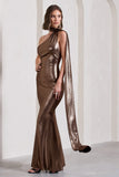 Strike Gold Bronze Metallic One Shoulder Low-Back Maxi Dress With Scarf