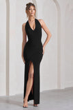 Leonie Black Halter-Neck Split Maxi Dress With Wrap Detail