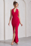 Leonie Red Halter-Neck Split Maxi Dress With Wrap Detail