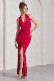 Leonie Red Halter-Neck Split Maxi Dress With Wrap Detail