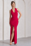 Leonie Red Halter-Neck Split Maxi Dress With Wrap Detail