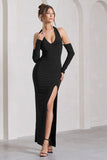 Solana Black Halter-Neck Long-Sleeve Split Maxi Dress