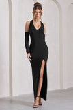 Solana Black Halter-Neck Long-Sleeve Split Maxi Dress