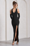Solana Black Halter-Neck Long-Sleeve Split Maxi Dress