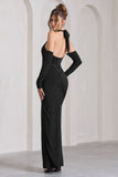 Solana Black Halter-Neck Long-Sleeve Split Maxi Dress