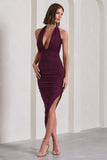 Picture This Plum Asymmetric Halter-Neck Backless Maxi Dress