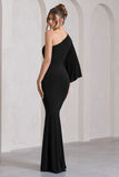 Luciana Black One Shoulder Drape Sleeve Maxi Dress