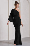 Luciana Black One Shoulder Drape Sleeve Maxi Dress