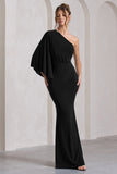 Luciana Black One Shoulder Drape Sleeve Maxi Dress