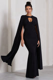 Standing Ovation Black Plunge-Neck Cape Maxi Dress