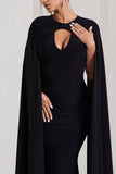Standing Ovation Black Plunge-Neck Cape Maxi Dress