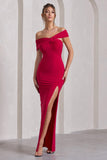 Kara Red Asymmetric Twisted Bardot Split Maxi Dress