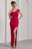 Kara Red Asymmetric Twisted Bardot Split Maxi Dress