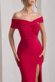 Kara Red Asymmetric Twisted Bardot Split Maxi Dress