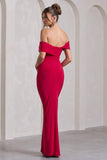 Kara Red Asymmetric Twisted Bardot Split Maxi Dress