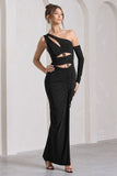 Carlina Black Ruched One Shoulder Cut-Out Split Maxi Dress