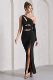 Carlina Black Ruched One Shoulder Cut-Out Split Maxi Dress