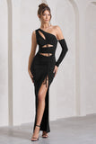 Carlina Black Ruched One Shoulder Cut-Out Split Maxi Dress