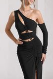 Carlina Black Ruched One Shoulder Cut-Out Split Maxi Dress