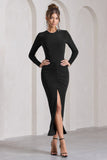 Katy Black Ruched Long-Sleeve Split Maxi Dress