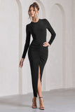Katy Black Ruched Long-Sleeve Split Maxi Dress