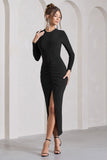 Katy Black Ruched Long-Sleeve Split Maxi Dress