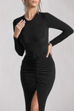 Katy Black Ruched Long-Sleeve Split Maxi Dress