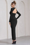 Katy Black Ruched Long-Sleeve Split Maxi Dress