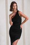 This Way Black Ruched One Shoulder Asymmetric Open-Back Maxi Dress