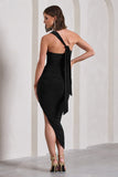 This Way Black Ruched One Shoulder Asymmetric Open-Back Maxi Dress