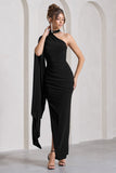 Dare To Drape Black Asymmetric Draped-Sleeve Split Maxi Dress