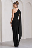 Dare To Drape Black Asymmetric Draped-Sleeve Split Maxi Dress