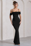 Miracle Black Strappy Mesh Bardot Maxi Dress