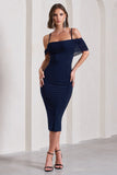 Bethan Navy Bodycon Strappy Mesh Bardot Midi Dress