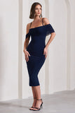 Bethan Navy Bodycon Strappy Mesh Bardot Midi Dress