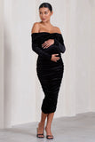 Neva Black Velvet Maternity Bardot Twist Maternity Midi Dress