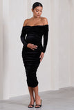Neva Black Velvet Maternity Bardot Twist Maternity Midi Dress