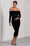 Neva Black Velvet Maternity Bardot Twist Maternity Midi Dress