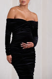 Neva Black Velvet Maternity Bardot Twist Maternity Midi Dress